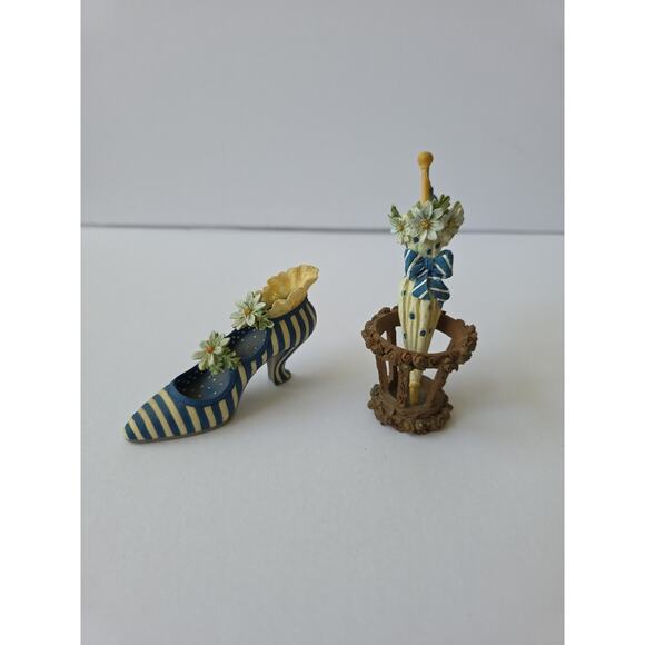 Suzette Resin Deco Stripe Daisy Shoe And Polkadot Umbrella Sandy Lynam Clough - Picture 1 of 4